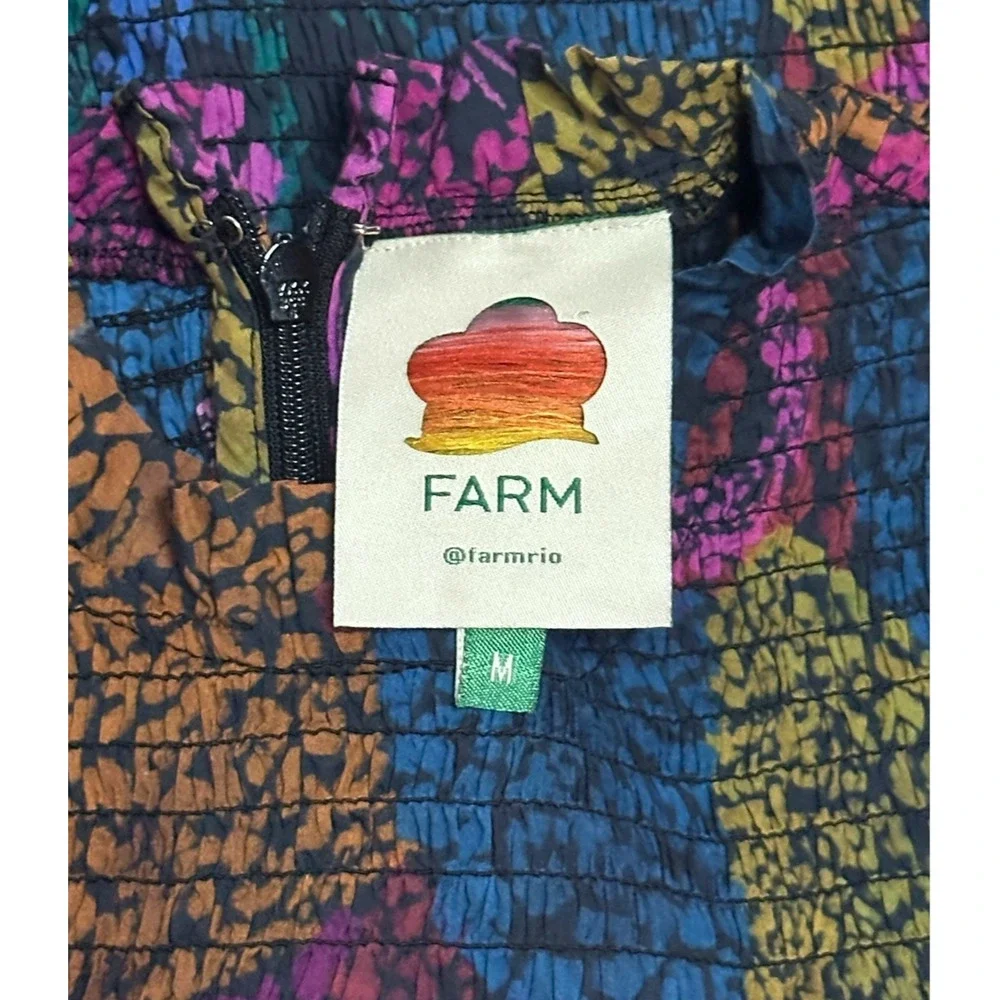 FARM RIO Leopard Rainbow Mix Blouse Smocked Ruffle Boho Cottagecore Glam Indie